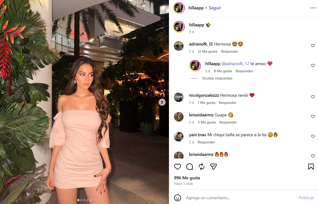 La modelo Hillary Meza posa en una publicación de red social que incluye un intercambio de mensajes afectuosos con Adriano Farfán.