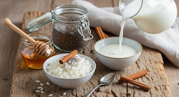 Vista aérea de ingredientes frescos: arroz cocido, un tarro de miel, semillas de chía, canela, y leche vertiéndose en un tazón, todo sobre una tabla de madera.