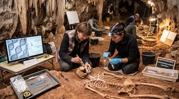 Arqueólogas limpian un esqueleto humano en una cueva con una brocha y pinzas, junto a herramientas, recipientes y una pantalla encendida.