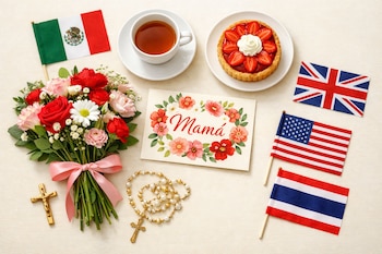Mesa con ramo de flores, tarjeta "Mamá", tarta de fresa, té, rosario, cruz y banderas de México, EE. UU., Reino Unido, Tailandia.