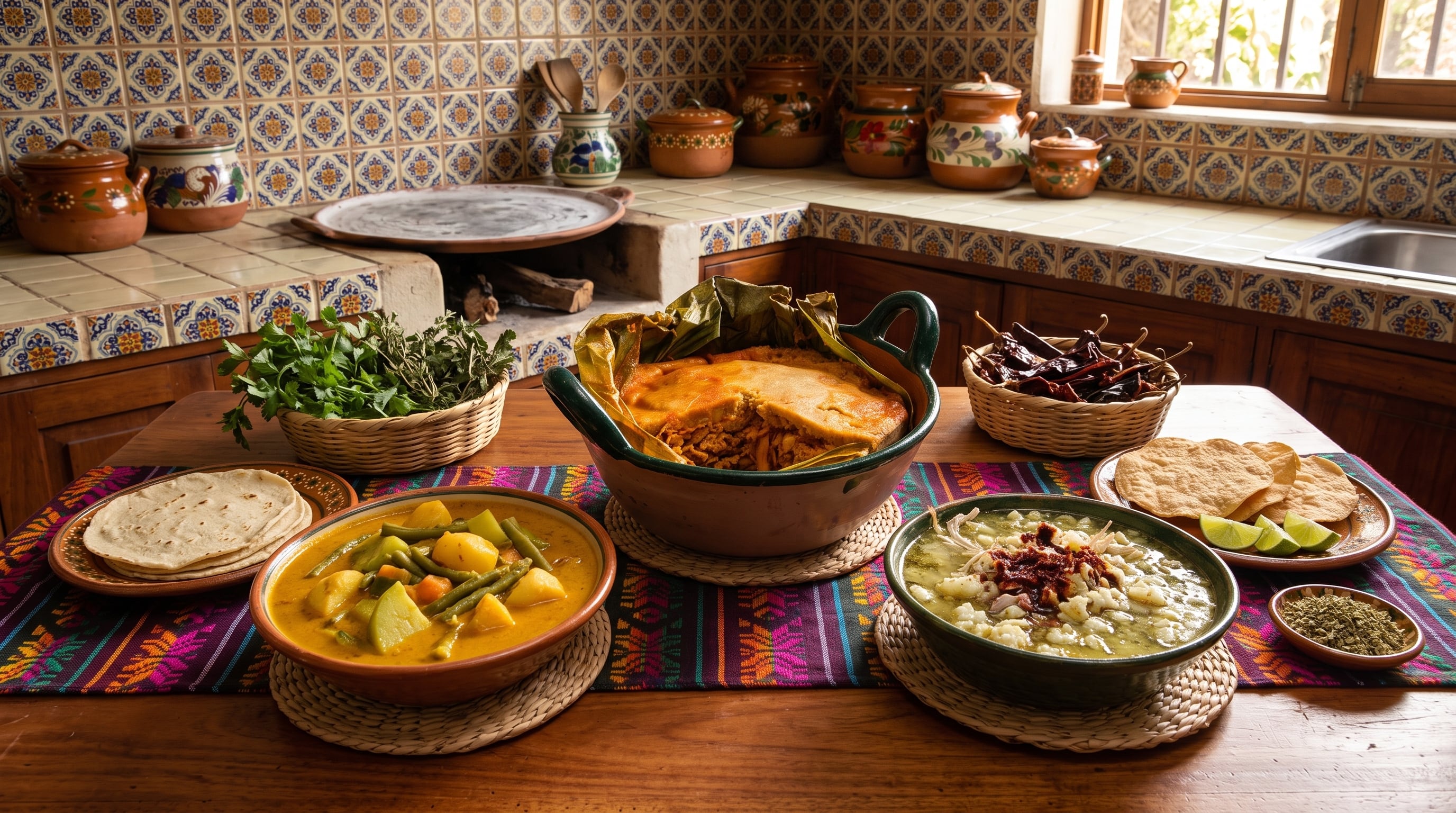 Un amarillito oaxaqueño, un tamal de cazuela y un pozole mixteco reposan sobre una mesa decorada en una cocina tradicional. (Imagen Ilustrativa Infobae)