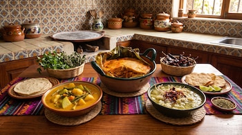 Tres vasijas de barro con comida, tortillas, chiles secos y hierbas sobre una mesa de madera frente a una pared de azulejos.