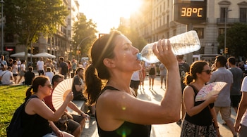 Una mujer bebe agua de una botella de plástico transparente en un día soleado. Detrás, un panel digital marca 38°C y se ven personas.