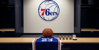 Vestuario con taquillas abiertas, logo de los 76ers, balón de baloncesto, camiseta azul "PHILA 23", cuatro trofeos dorados y una caja