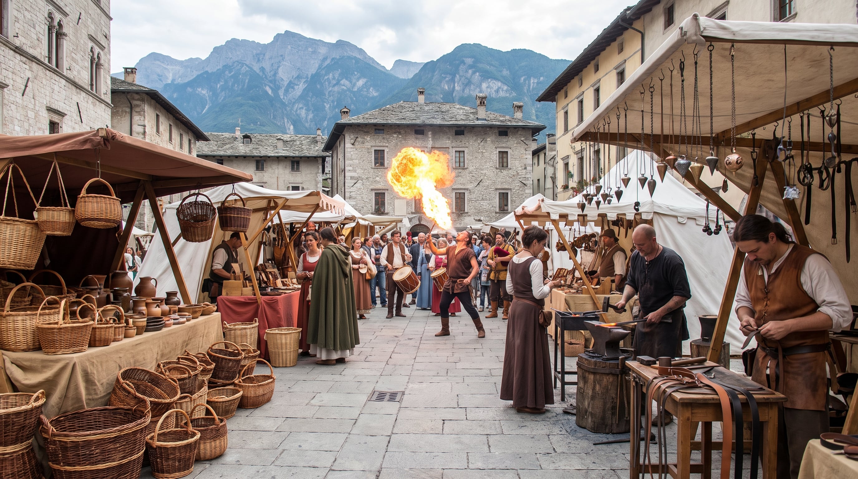 Un mercadillo medieval con puestos de cestería, pociones y espectáculos. (Imagen Ilustrativa Infobae)