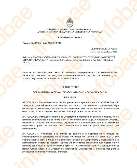 El documento de la suspensión de la cooperativa