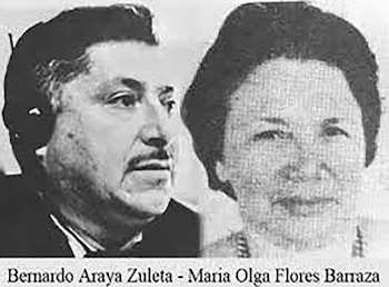 Retrato en blanco y negro de un hombre con bigote (izquierda) y una mujer (derecha). Abajo, los nombres Bernardo Araya Zuleta y Maria Olga Flores Barraza