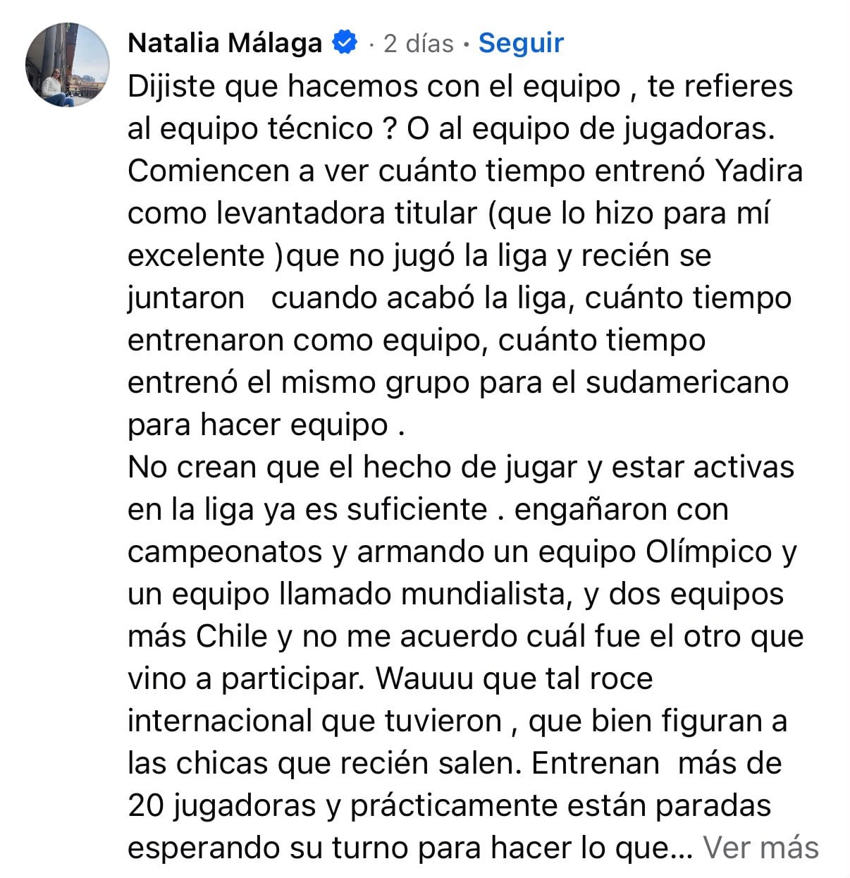 Natalia Málaga criticó la falta de rodaje internacional de la selección peruana de vóley.