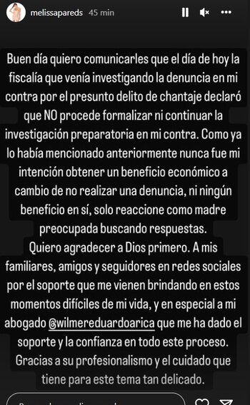 Melissa Paredes emite comunicado sobre