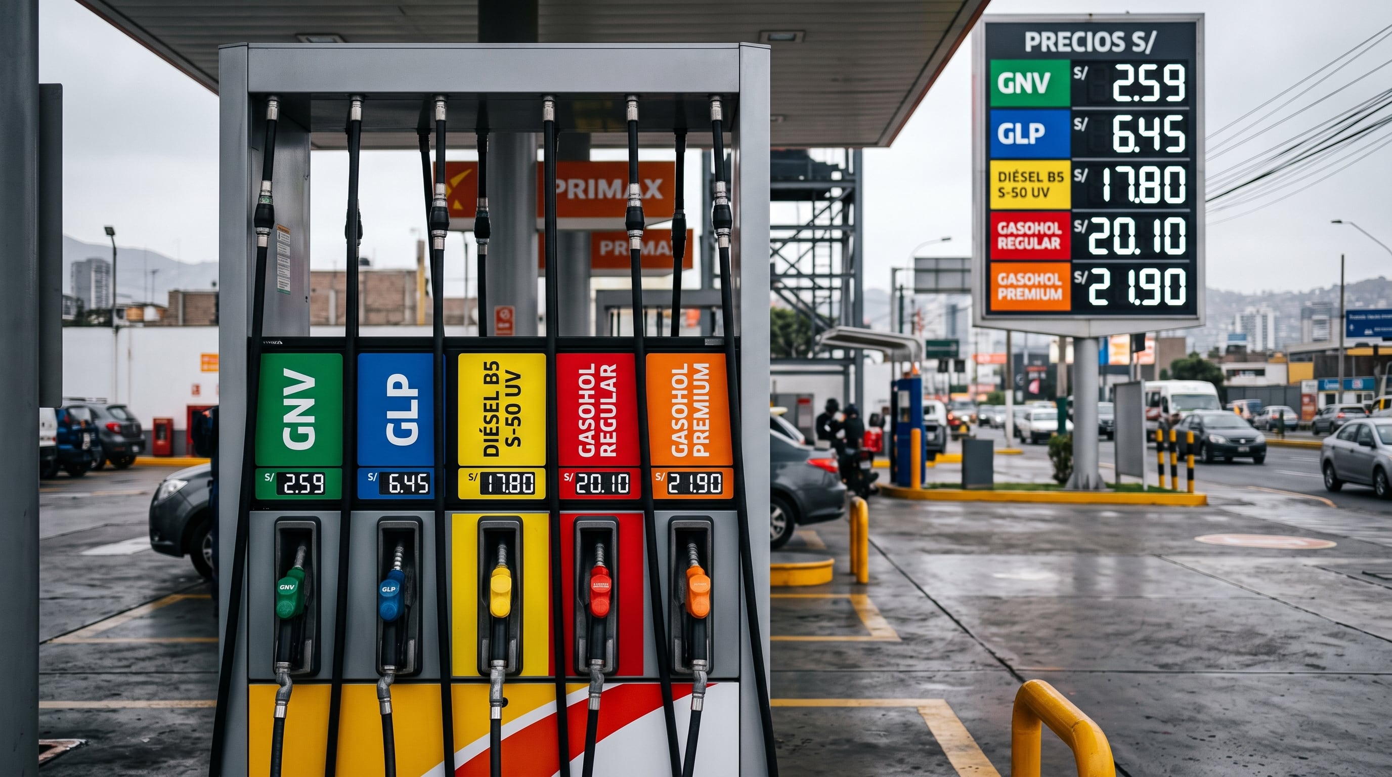 Un panel y un surtidor en una estación de servicio de Lima exhiben las tarifas en soles de gas natural, gas licuado, diésel y gasohol. (Imagen Ilustrativa Infobae)