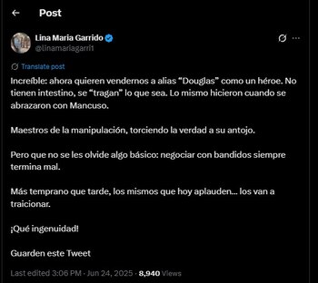 Lina Garrido cuestionó al Gobierno nacional en otra de sus publicaciones de X - crédito @linamariagarri1