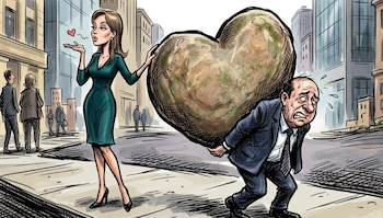 Ilustración de un hombre sudoroso que lleva un gran corazón de piedra. Una mujer elegante con un vestido verde camina a su lado, tocando el corazón y soplando un beso