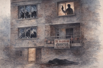 Ilustración de edificio con ventanas rotas, silueta de hombre con arma en ventana, cartel "Se alquilan cuartos" en balcón y cuerpo con sangre en el suelo.