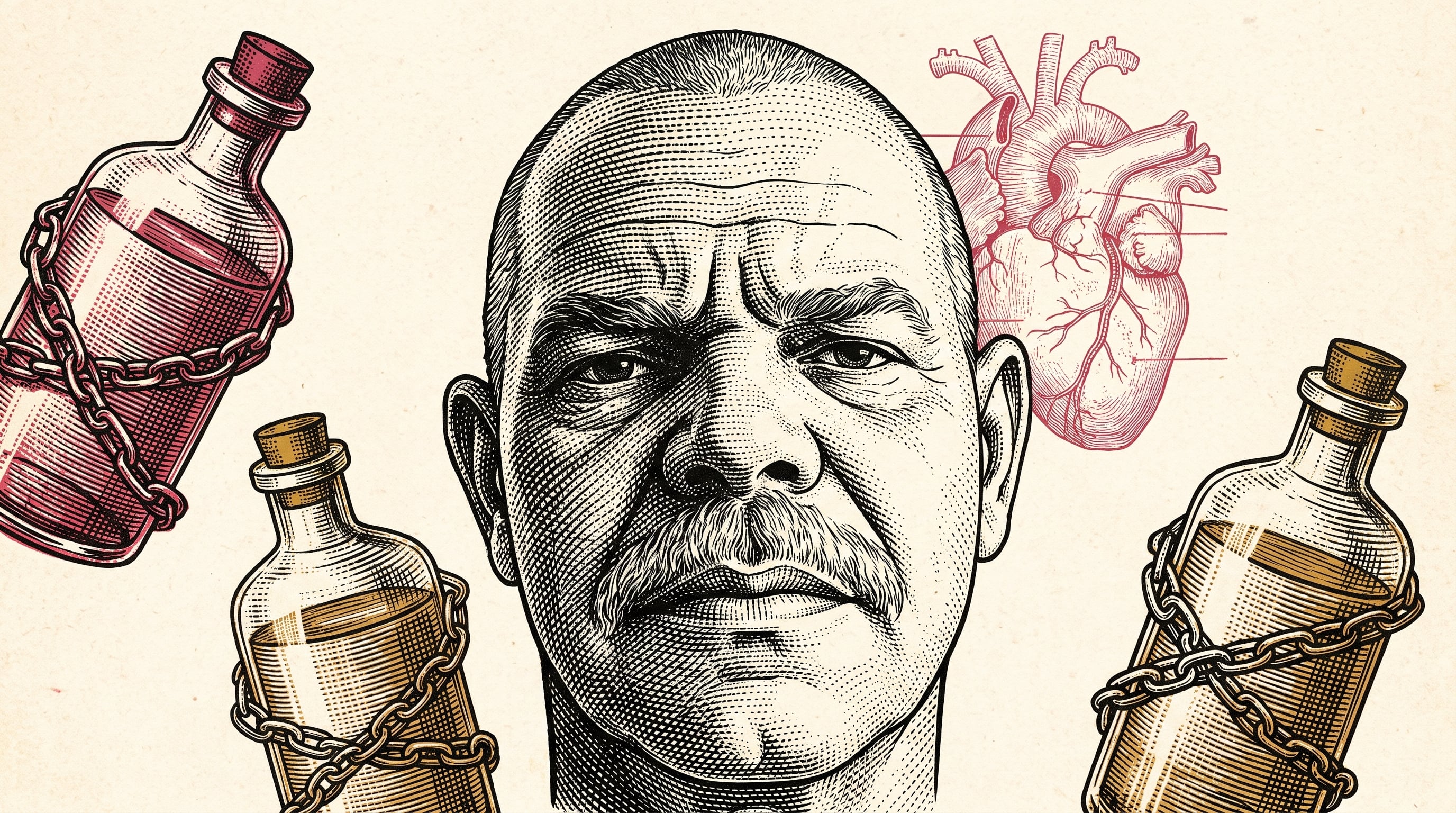 Un grabado periodístico de un hombre cubano ilustra la falta de acceso a tratamientos médicos con frascos encadenados y un corazón anatómico. (Imagen Ilustrativa Infobae)