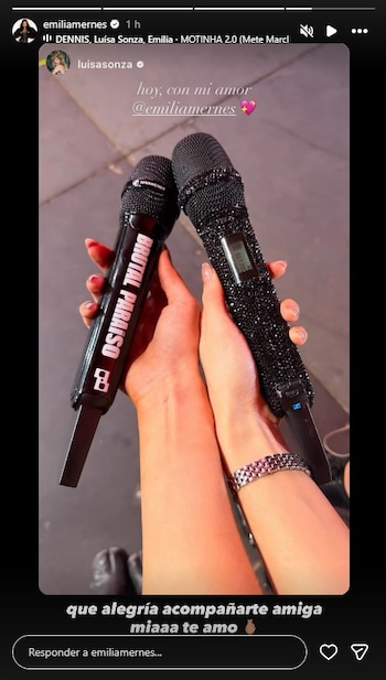 Primer plano de dos manos sosteniendo micrófonos. Uno negro con 'BRUTAL PARAISO' y otro cubierto de brillantes. Una pulsera plateada en una muñeca