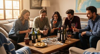 Cinco personas sentadas alrededor de una mesa de madera con botellas y copas de vino, un plato con empanadas, un mate y fotografías antiguas.