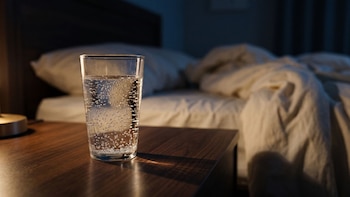 Un vaso con agua y burbujas sobre una mesa de noche de madera junto a una cama con sábanas revueltas