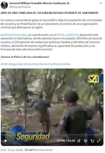 Incautaron más de una tonelada de cocaína y desmantelaron laboratorio en Bochalema, Norte de Santander - crédito @DirectorPolicia/X