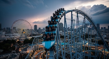 Una montaña rusa azul con pasajeros borrosos desciende en primer plano. Al fondo, una noria iluminada, edificios de Tokio y un rayo en el cielo al atardecer.