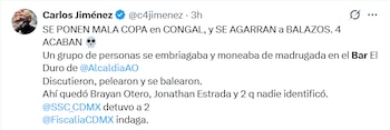Captura de pantalla de un tuit de Carlos Jiménez que reporta un tiroteo en el Bar El Duro de la alcaldía Álvaro Obregón con cuatro víctimas mortales y dos detenidos