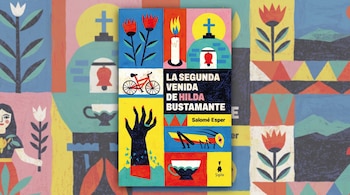 Portada de libro en el centro con ilustraciones de flores, vela, bicicleta y la cruz de una iglesia sobre un fondo de patrones coloridos.