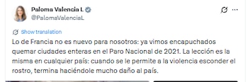 Mensaje de Paloma Valencia sobre los disturbios en Francia - crédito @PalomaValenciaL/X