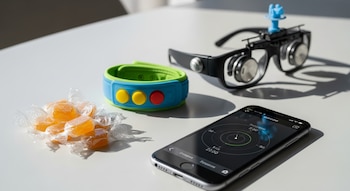 Caramelos de jengibre, una pulsera de acupresión azul y verde, gafas con horizonte artificial y un teléfono celular sobre una superficie blanca.