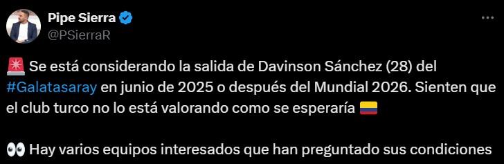 Davinson Sánchez decidiría su salida del Galatasaray en el siguiente mercado de fichajes o esperar hasta 2026, cuando le quede un año de contrato - crédito @PSierraR/X