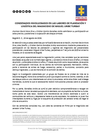 Los preacuerdos de los nuevos condenados por el magnicidio de Miguel Uribe Turbay con la Fiscalía - crédito Fiscalía General de la Nación