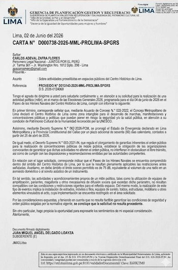 Carta de la MML sobre el pedido de Juntos por el Perú.