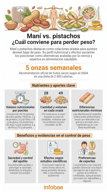 Infografía sobre maní y pistachos. Muestra frutos secos, báscula, balanza, cinta métrica, estómago, doctor y gráficos con texto comparativo.