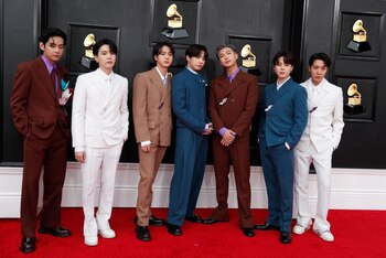 BTS pose on the red carpet at the 64th Annual Grammy Awards at the MGM Grand Garden Arena in Las Vegas, Nevada, U.S., April 3, 2022. REUTERS/Maria Alejandra Cardona