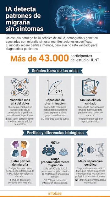 Infografía con gráficos e iconos sobre un estudio que aplica inteligencia artificial para detectar migraña a través de variables de salud.