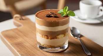 Tres granos de café, una rama de menta, cacao en polvo, postre de café en capas dentro de un vaso, tabla de madera, cuchara de plata y taza de café blanca al fondo.