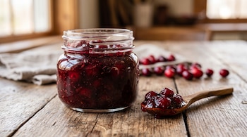 Frasco de vidrio con mermelada de arándano rojo, cuchara de madera con mermelada y arándanos frescos dispersos sobre mesa de madera.