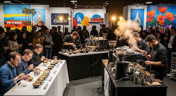 Baristas preparan café con vapor en máquinas. Jueces evalúan muestras en una mesa. Una multitud observa el evento, con arte de Los Ángeles de fondo.