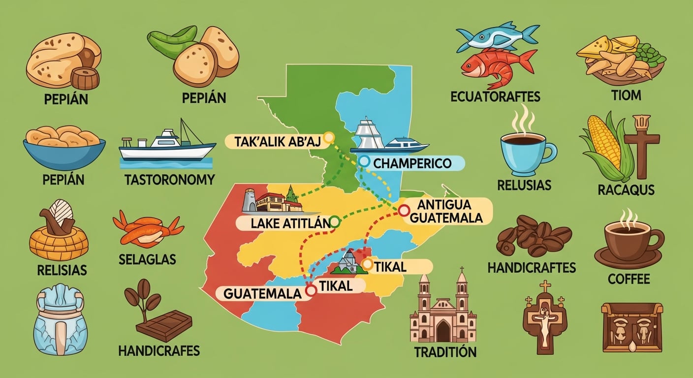 Un mapa ilustrado de Guatemala destaca tres rutas turísticas que conectan sitios clave como Tikal y Antigua Guatemala, junto a íconos que representan su gastronomía, artesanía y tradición. (Imagen Ilustrativa Infobae)
