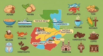 Mapa de Guatemala con rutas turísticas que conectan sitios. Iconos alrededor con texto muestran comida, barcos, café, artesanías y símbolos religiosos.