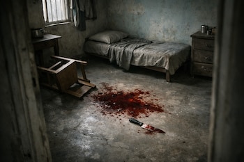 Habitación pequeña y oscura con paredes desgastadas, una silla de madera volcada y una gran mancha de sangre con un cuchillo en el suelo de cemento. Se ve una cama y una cómoda.