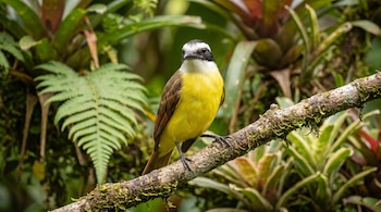 Un ave de pecho amarillo y lomo pardo posada sobre una rama con musgo, enmarcada por helechos y bromelias.