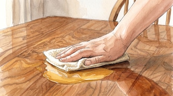 Una mano pasa un paño sobre un líquido derramado en una mesa de madera.