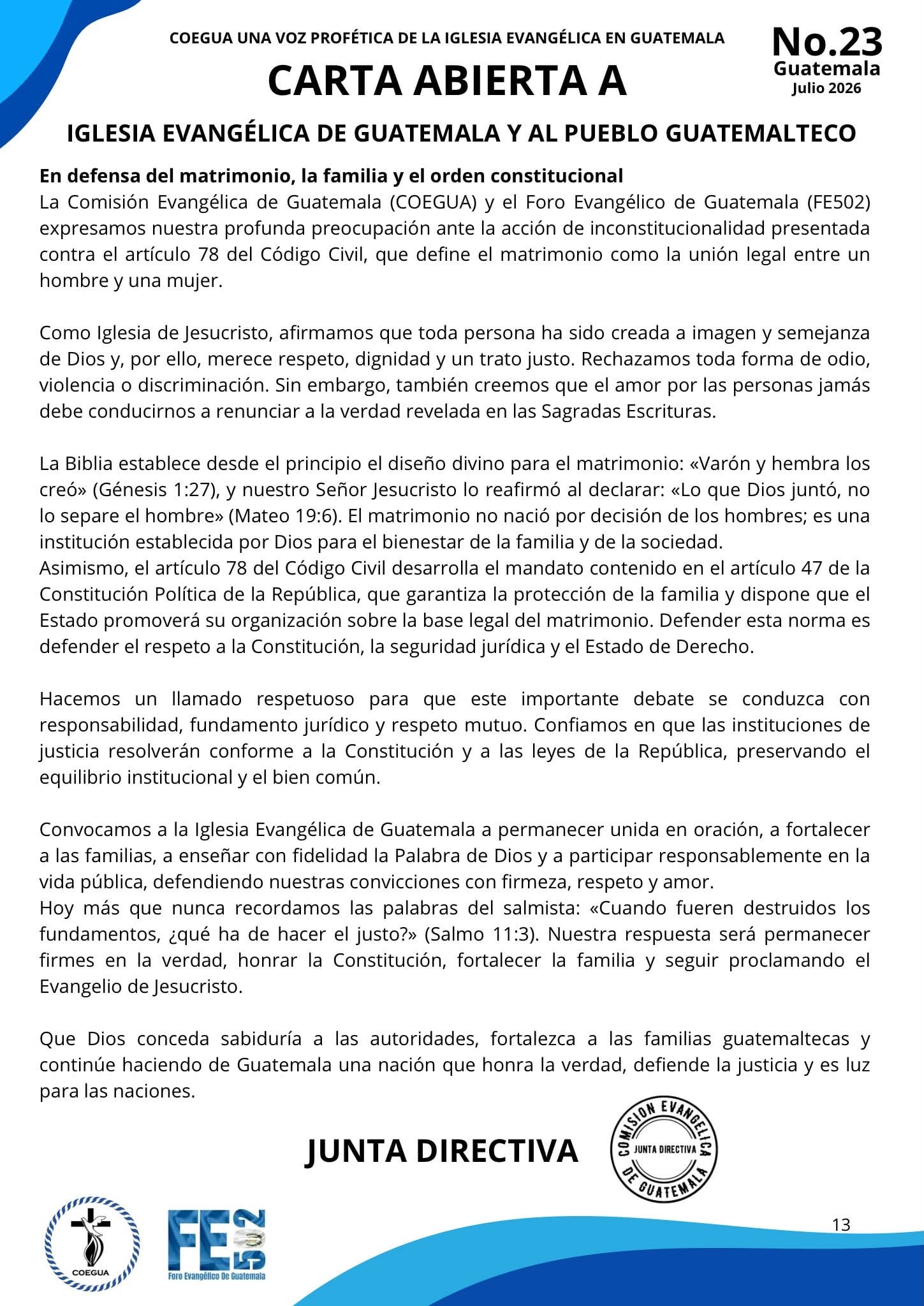La Iglesia Evangélica de Guatemala y COEGUA publican una carta abierta que expresa su preocupación por una acción de inconstitucionalidad contra el artículo 78 del Código Civil sobre el matrimonio. (Comisión Evangelica de Guatemala)