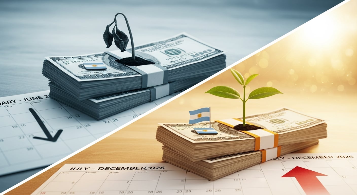 Representación visual del comportamiento del dólar en Argentina durante 2026, mostrando su pérdida de poder adquisitivo en la primera mitad del año y la expectativa de un repunte en la segunda. (Imagen Ilustrativa Infobae)