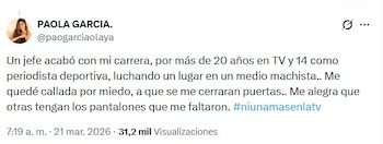 Paola García y su emotivo testimonio con el que expuso el machismo que vivió en la televisión colombiana - crédito @paogarciaolaya/X