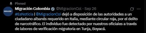 Migración Colombia y agencias internacionales coordinaron la operación que permitió la captura - crédito @MigracionCol/X