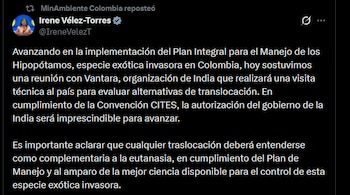 No existen acuerdos económicos entre el gobierno colombiano y Vantara para la posible translocación de hipopótamos fuera del país, afirmó la ministra Irene Vélez - crédito @IreneVelezT/X