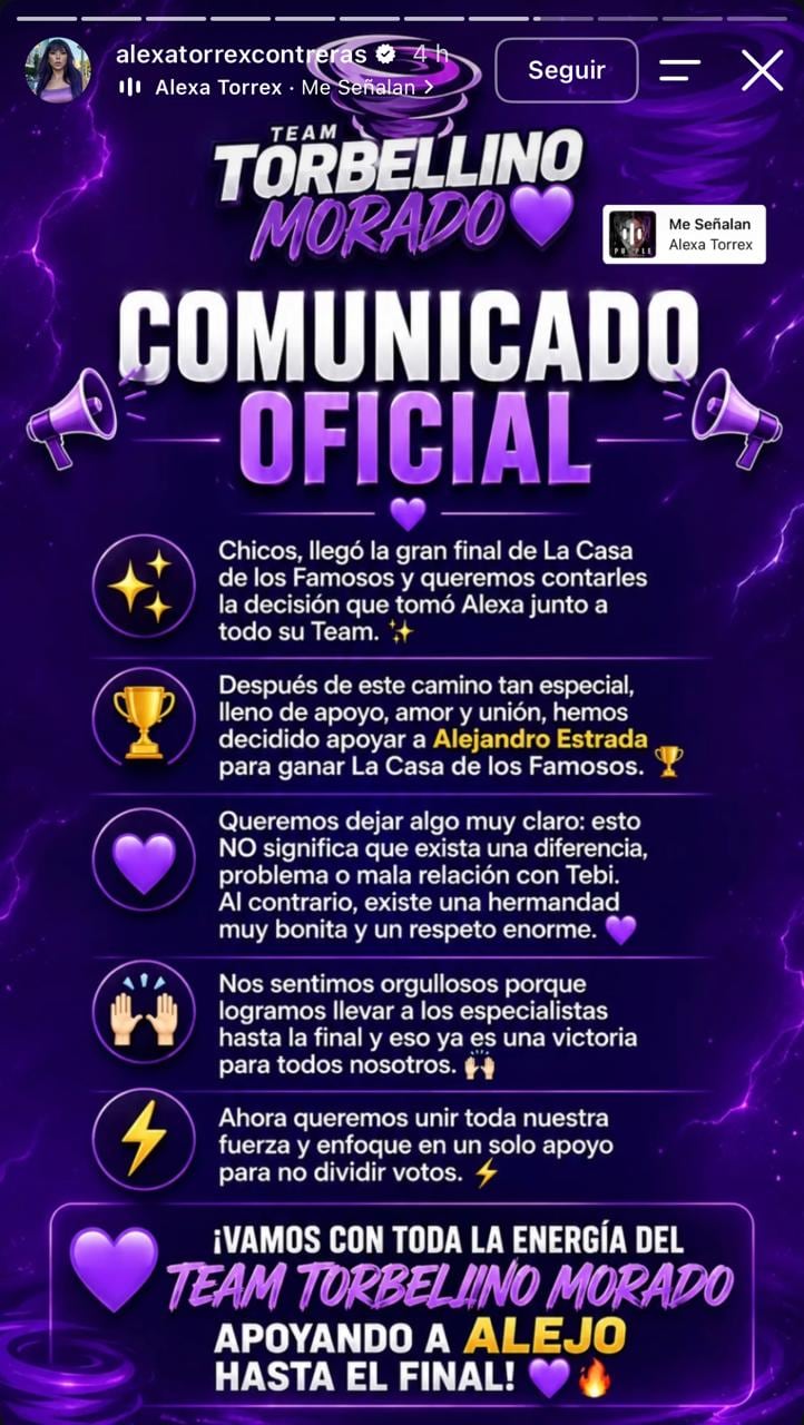 El comunicado con el que Alexa Torrex confirmó que no apoyará a su