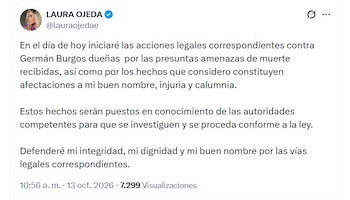 Laura Ojeda anuncia acciones legales contra Germán Burgos, primo de Nicolás Petro, por presuntas amenazas - crédito @lauraojedae/X