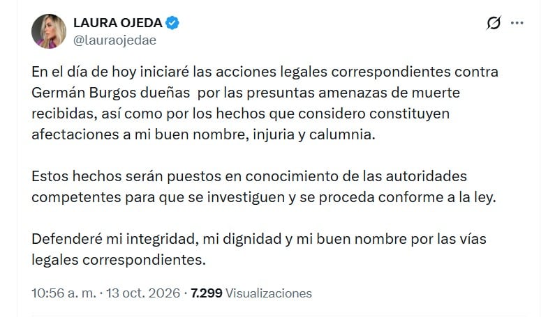 Laura Ojeda anuncia acciones legales contra Germán Burgos, primo de Nicolás Petro, por presuntas amenazas - crédito @lauraojedae/X