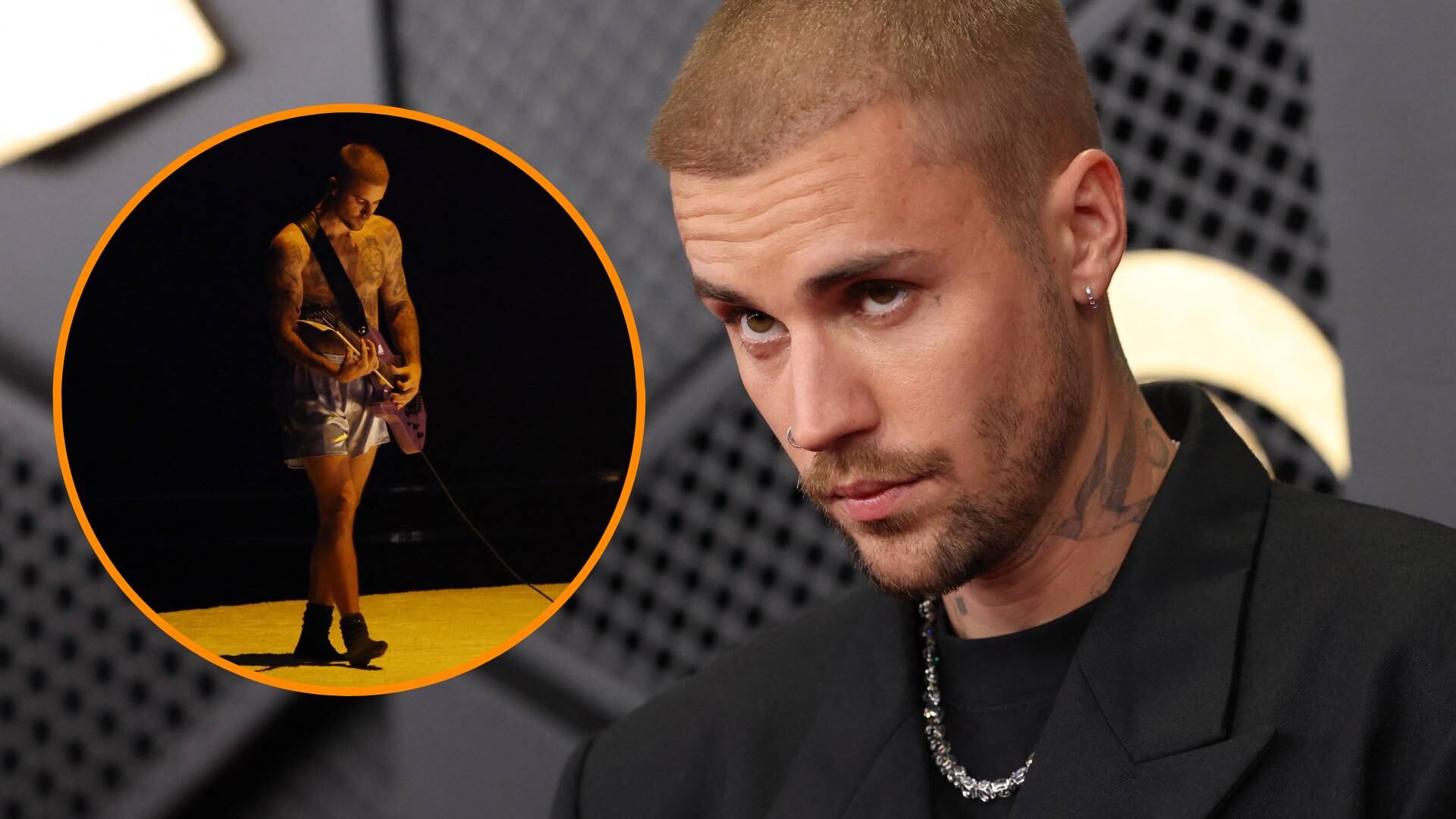 Justin Bieber impacta en los Grammy 2026 al presentarse en el escenario solo con bóxers de su marca SKYLRK, mostrando sus tatuajes (REUTERS)